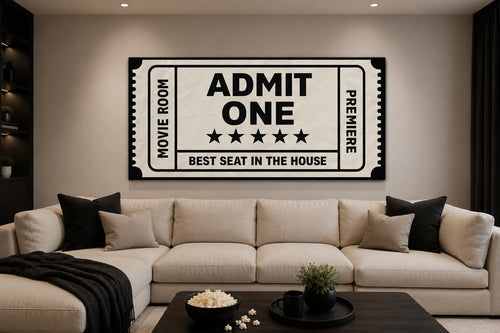 Movie Ticket Wall Art - Admit One Best Seat Sign | Black Beige Canvas Print For Movie Room Decor