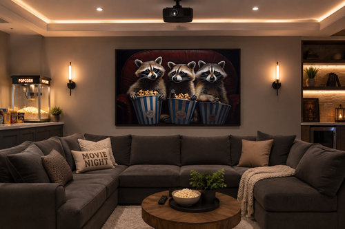 Raccoons In Movie Theater Eating Popcorn Home Theater Framed Canvas Wall Art