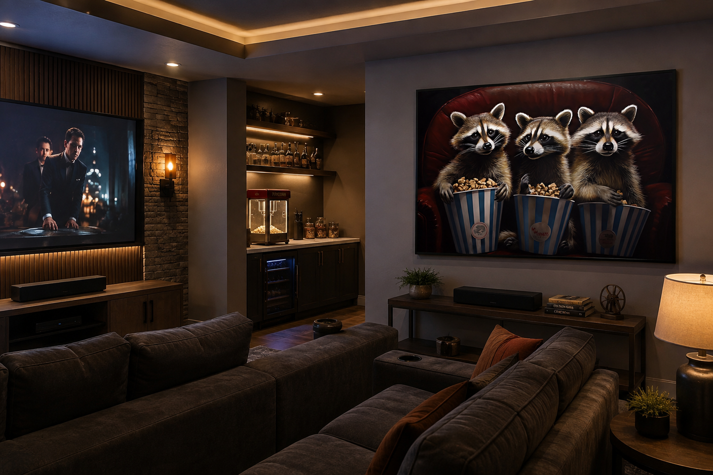 Raccoons In Movie Theater Eating Popcorn Home Theater Framed Canvas Wall Art