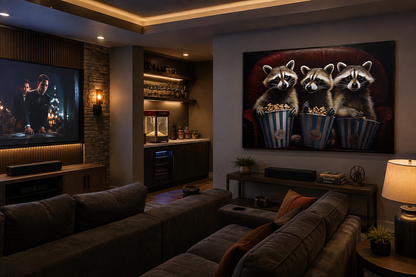 Raccoons In Movie Theater Eating Popcorn Home Theater Framed Canvas Wall Art