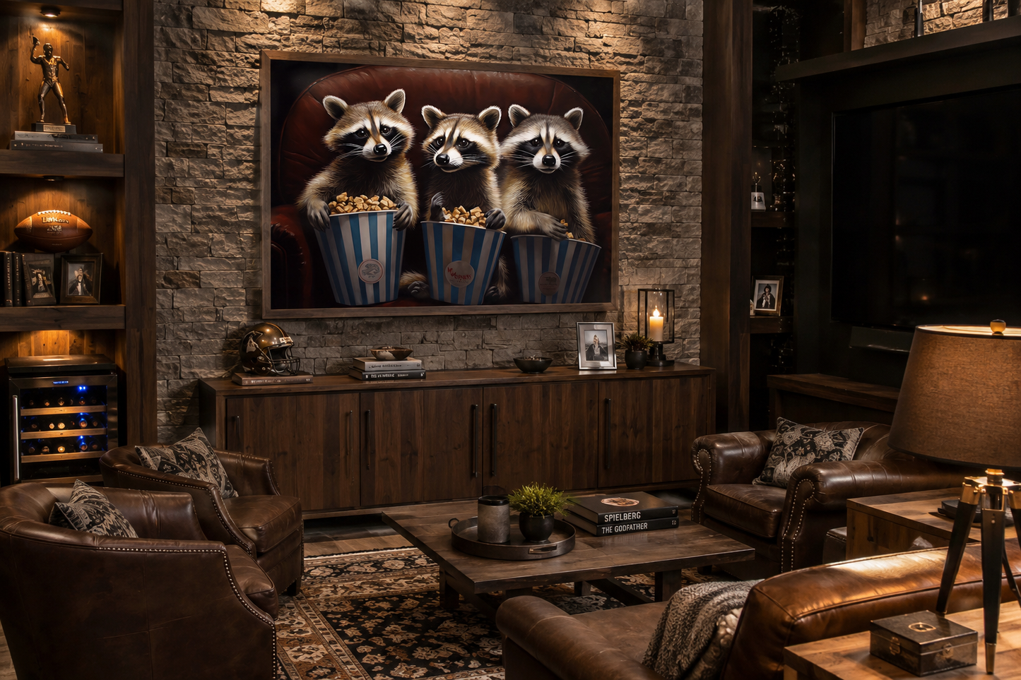 Raccoons In Movie Theater Eating Popcorn Home Theater Framed Canvas Wall Art