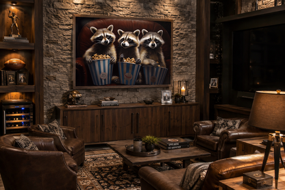Raccoons In Movie Theater Eating Popcorn Home Theater Framed Canvas Wall Art