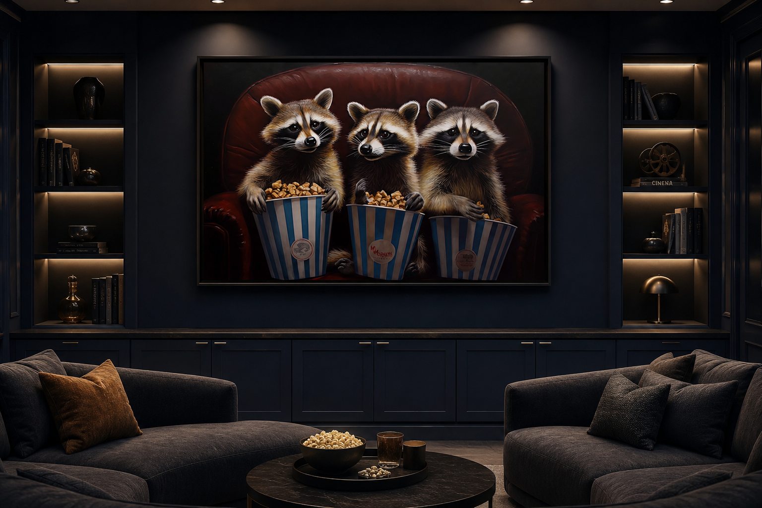 Raccoons In Movie Theater Eating Popcorn Home Theater Framed Canvas Wall Art