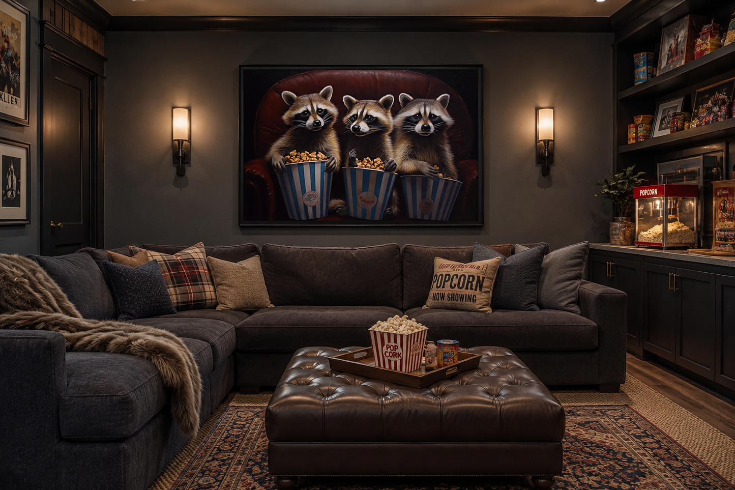 Raccoons In Movie Theater Eating Popcorn Home Theater Framed Canvas Wall Art