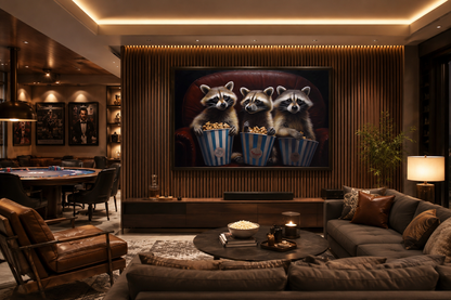 Raccoons In Movie Theater Eating Popcorn Home Theater Framed Canvas Wall Art