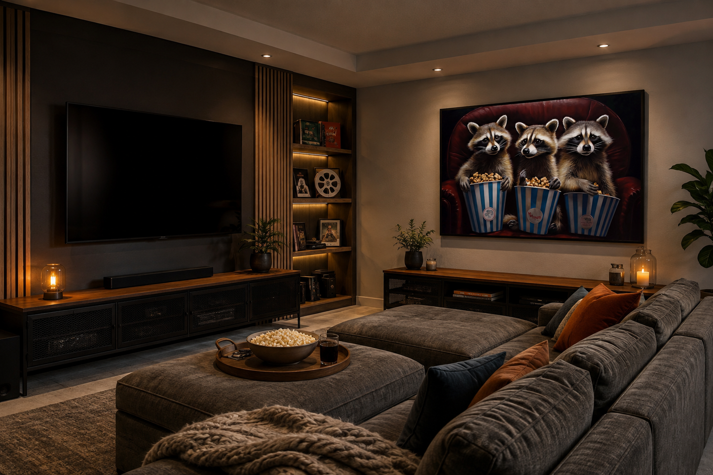 Raccoons In Movie Theater Eating Popcorn Home Theater Framed Canvas Wall Art