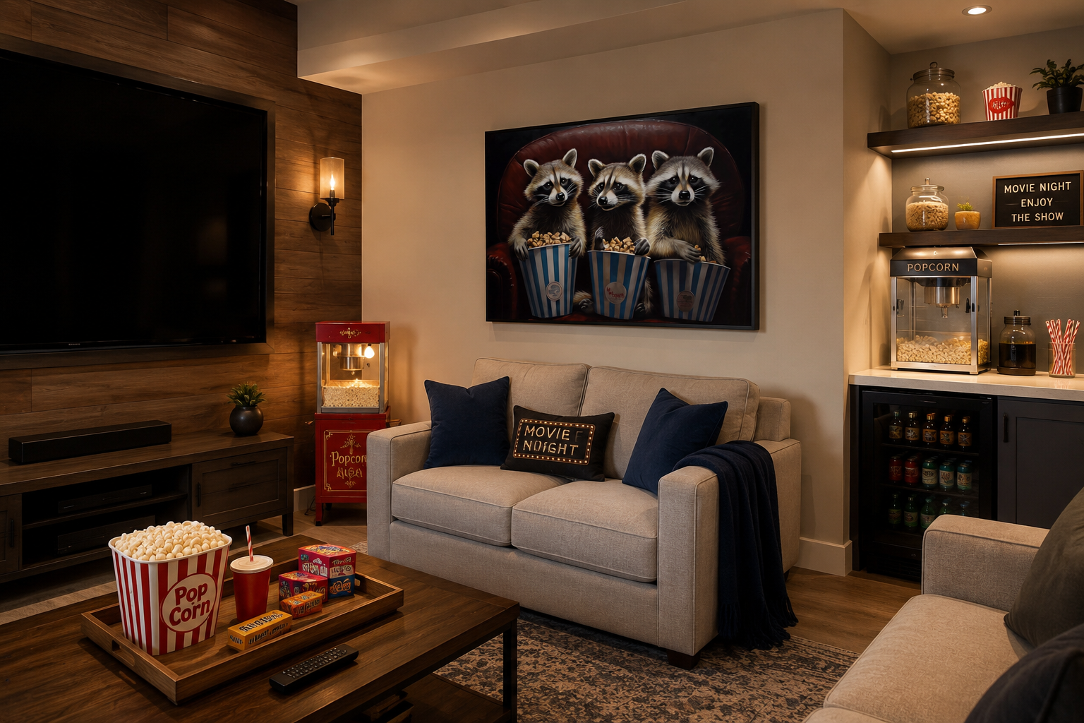 Raccoons In Movie Theater Eating Popcorn Home Theater Framed Canvas Wall Art
