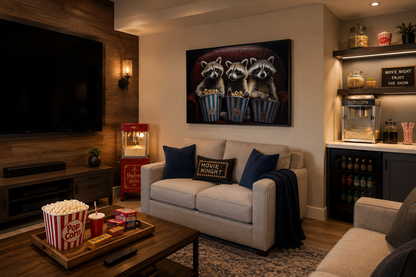 Raccoons In Movie Theater Eating Popcorn Home Theater Framed Canvas Wall Art