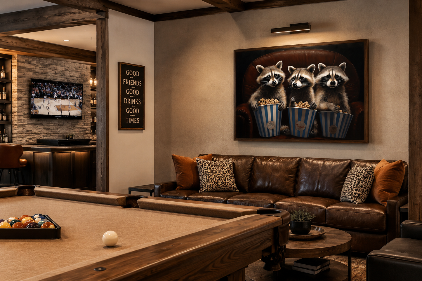 Raccoons In Movie Theater Eating Popcorn Home Theater Framed Canvas Wall Art