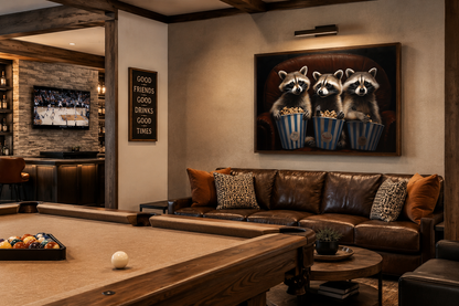Raccoons In Movie Theater Eating Popcorn Home Theater Framed Canvas Wall Art