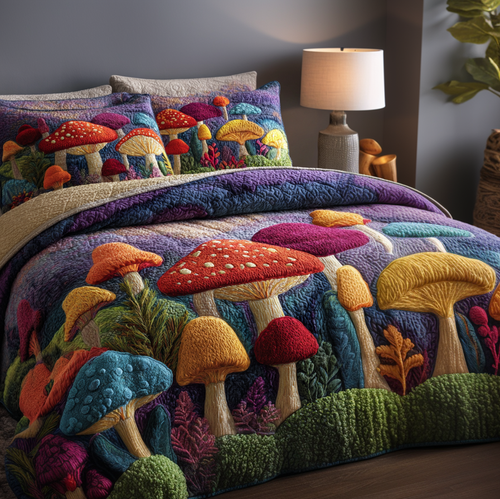 Mushroom Magic 3-Piece Quilted Bedding Set - Single (59" x 70")