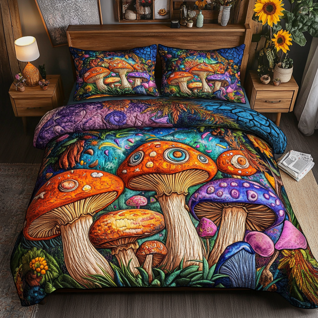 Mushroom Wonderland 3-Piece Quilted Bedding Set - Single (59" x 70")