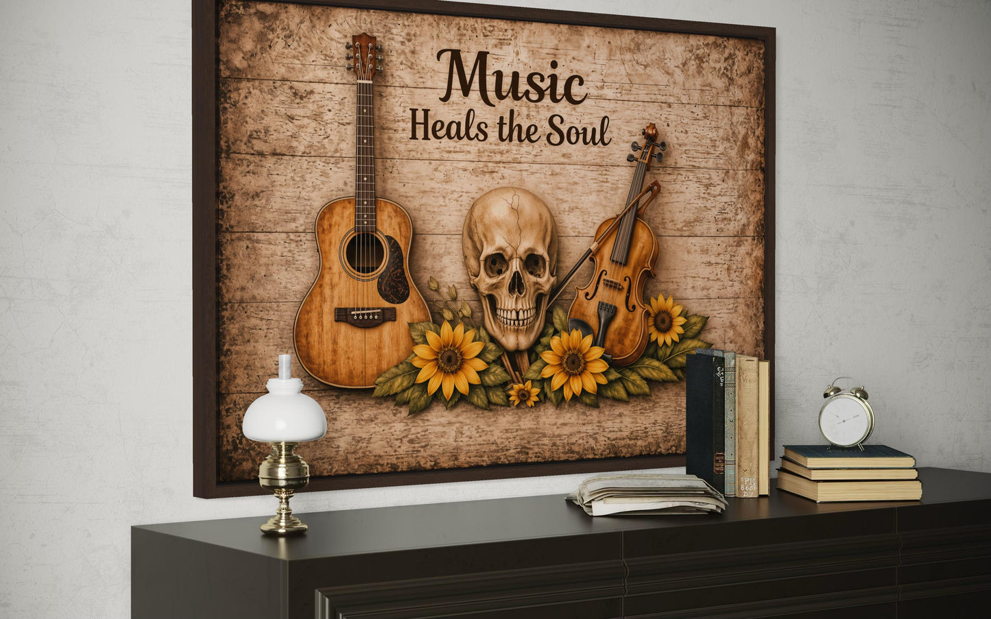 Music Heals the Soul Sign With Skull Guitar Violin Sunflowers Canvas Wall Art