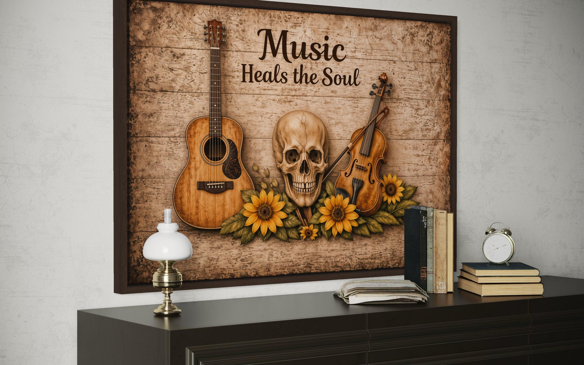 Music Heals the Soul Sign With Skull Guitar Violin Sunflowers Canvas Wall Art