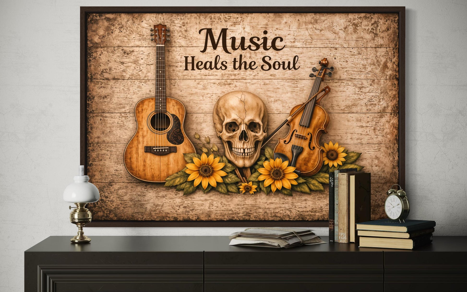 Music Heals the Soul Sign With Skull Guitar Violin Sunflowers Canvas Wall Art