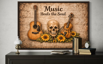 Music Heals the Soul Sign With Skull Guitar Violin Sunflowers Canvas Wall Art