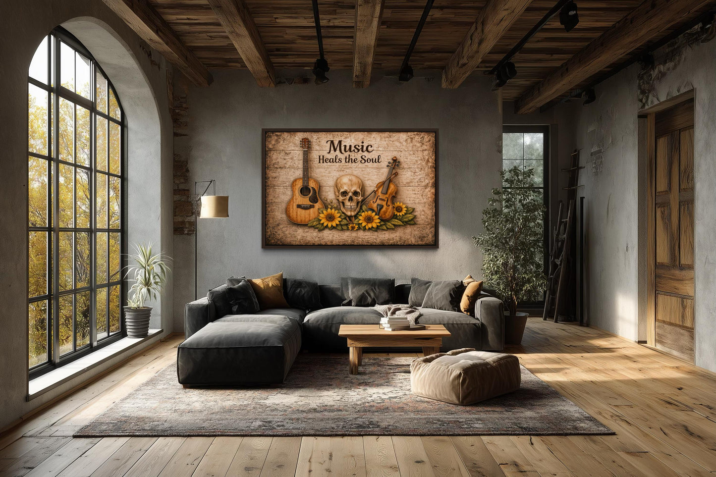 Music Heals the Soul Sign With Skull Guitar Violin Sunflowers Canvas Wall Art