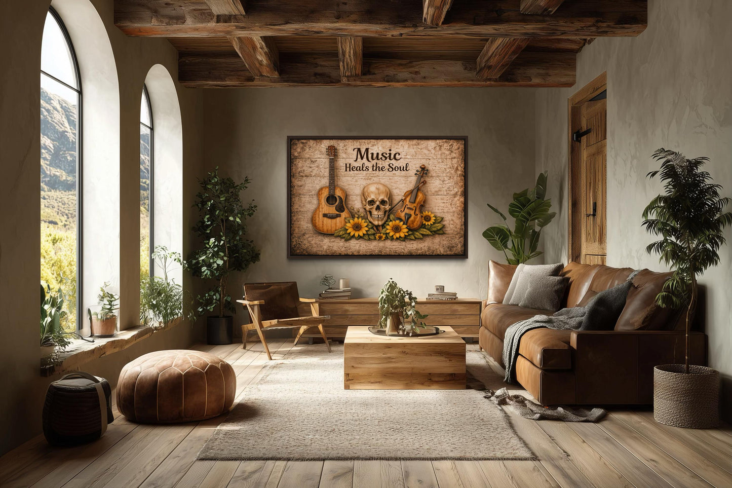 Music Heals the Soul Sign With Skull Guitar Violin Sunflowers Canvas Wall Art