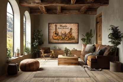 Music Heals the Soul Sign With Skull Guitar Violin Sunflowers Canvas Wall Art