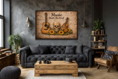 Music Heals the Soul Sign With Skull Guitar Violin Sunflowers Canvas Wall Art