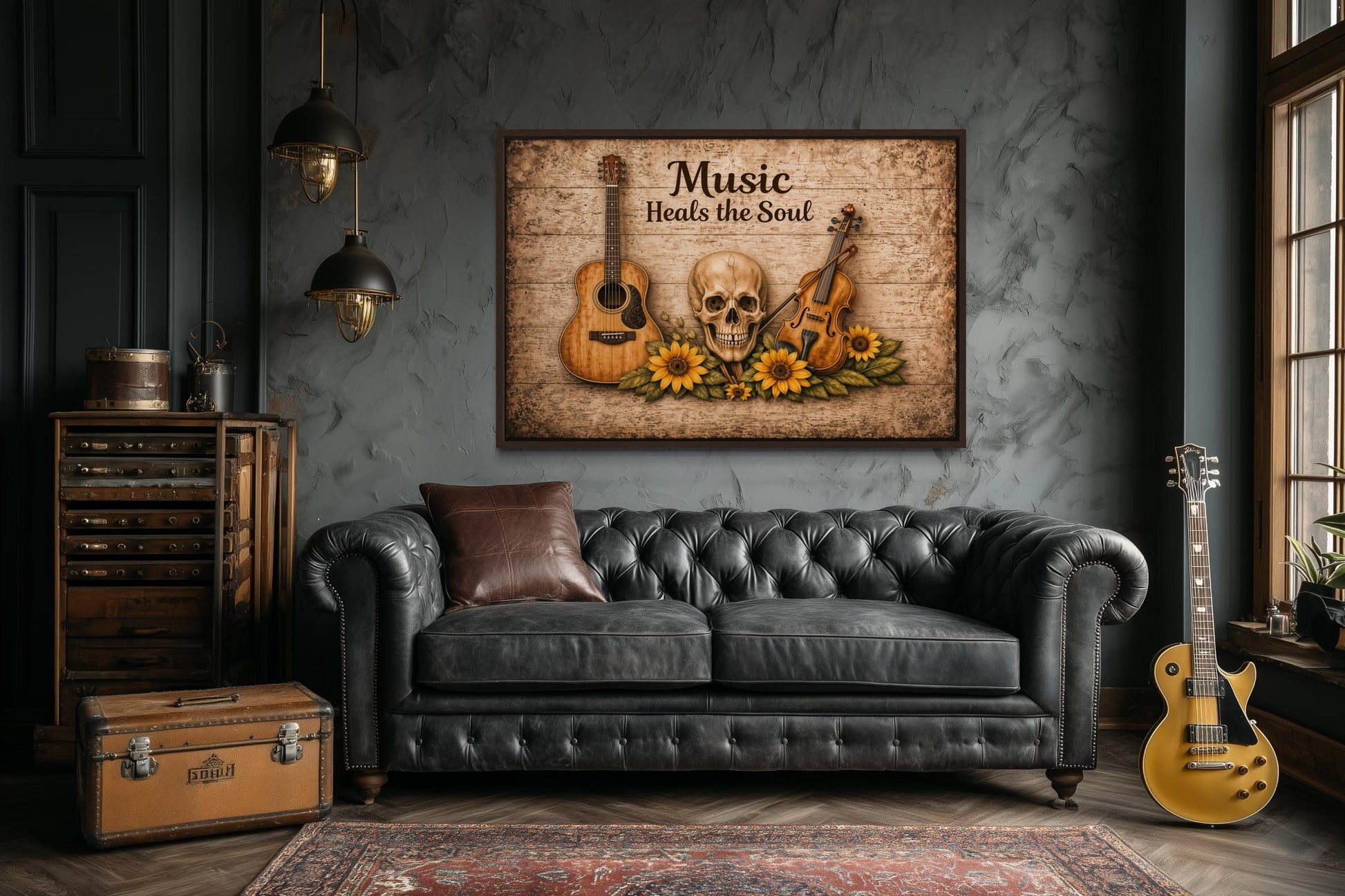 Music Heals the Soul Sign With Skull Guitar Violin Sunflowers Canvas Wall Art