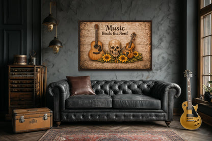 Music Heals the Soul Sign With Skull Guitar Violin Sunflowers Canvas Wall Art
