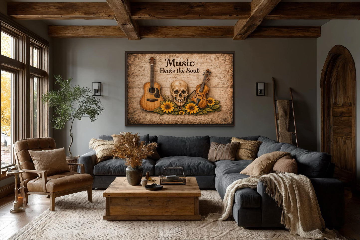Music Heals the Soul Sign With Skull Guitar Violin Sunflowers Canvas Wall Art