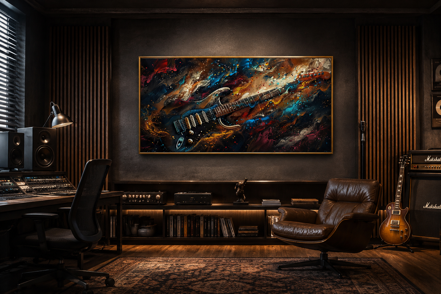 Dark Colorful Electric Guitar Framed Canvas Wall Art, Manly Music Room Decor
