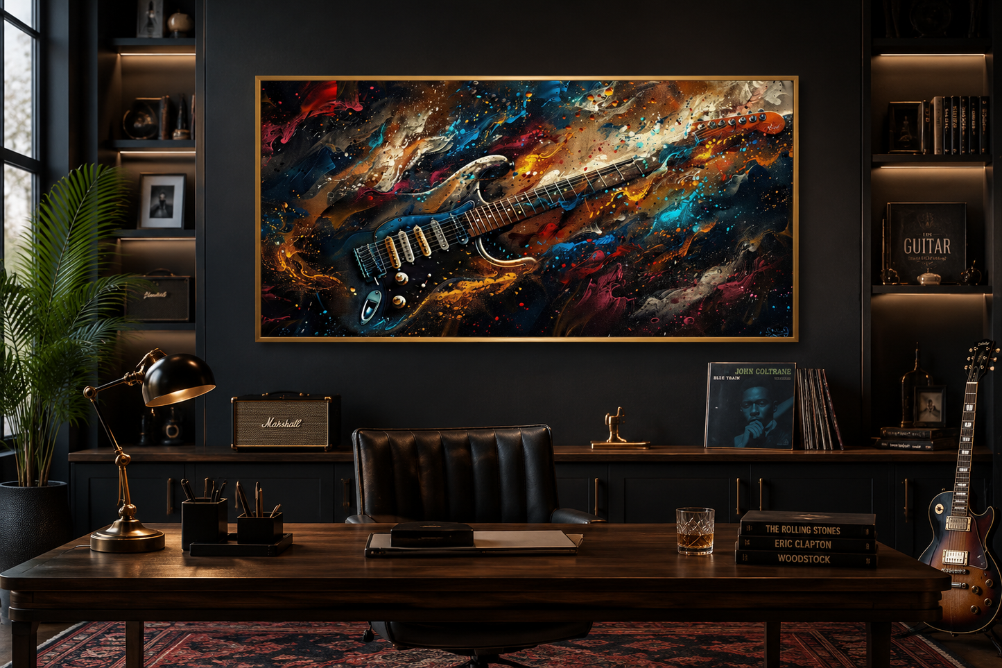 Dark Colorful Electric Guitar Framed Canvas Wall Art, Manly Music Room Decor