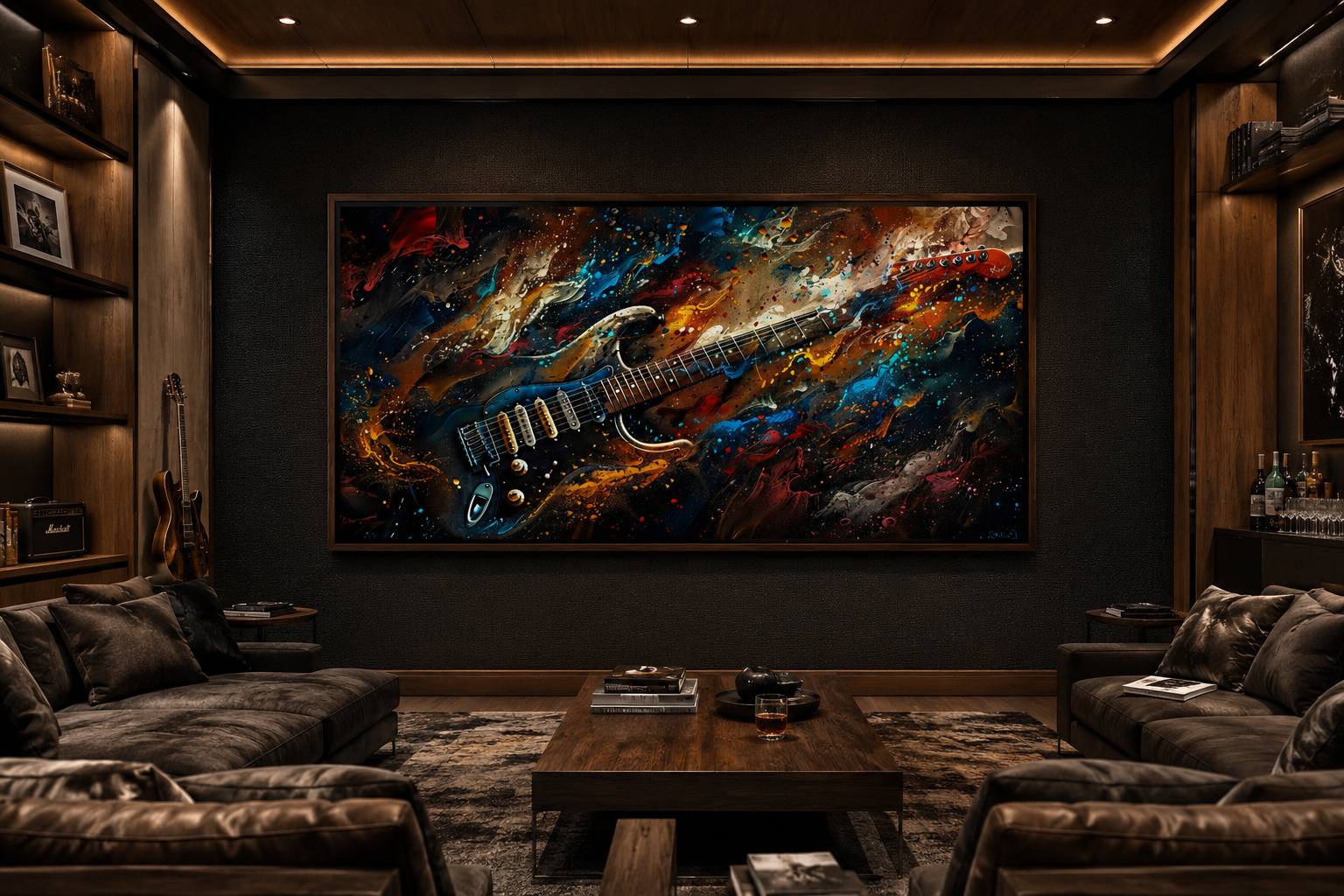Dark Colorful Electric Guitar Framed Canvas Wall Art, Manly Music Room Decor
