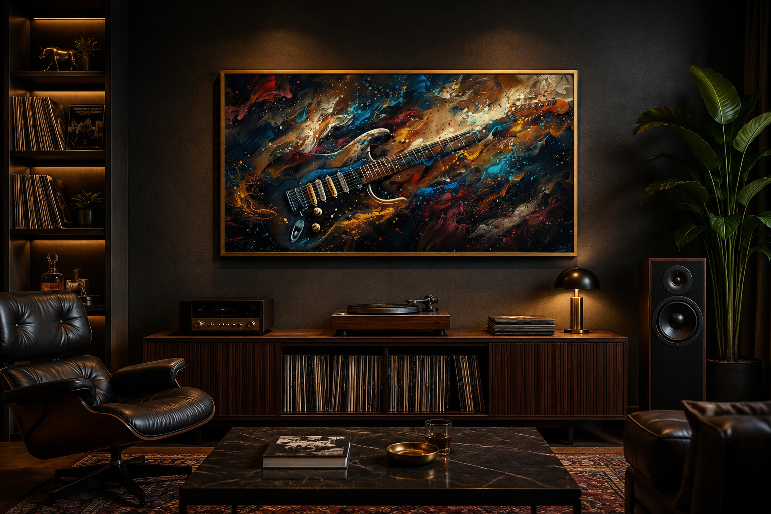 Dark Colorful Electric Guitar Framed Canvas Wall Art, Manly Music Room Decor