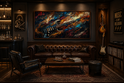 Dark Colorful Electric Guitar Framed Canvas Wall Art, Manly Music Room Decor