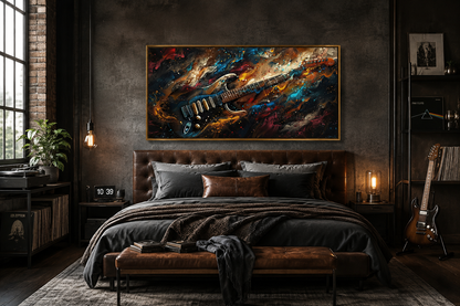 Dark Colorful Electric Guitar Framed Canvas Wall Art, Manly Music Room Decor