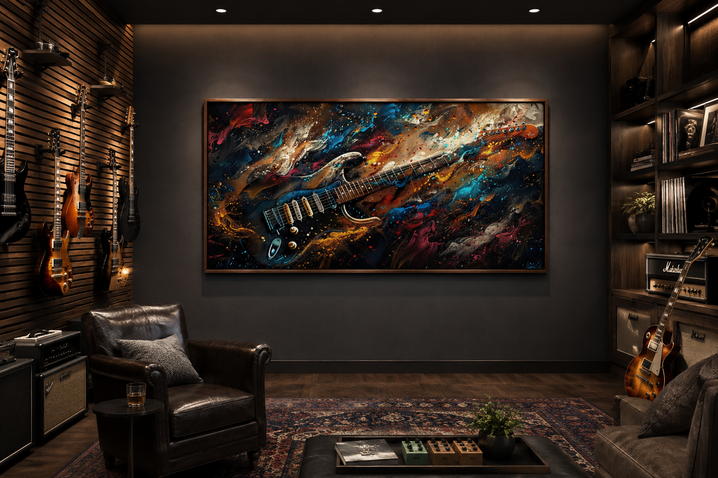 Dark Colorful Electric Guitar Framed Canvas Wall Art, Manly Music Room Decor