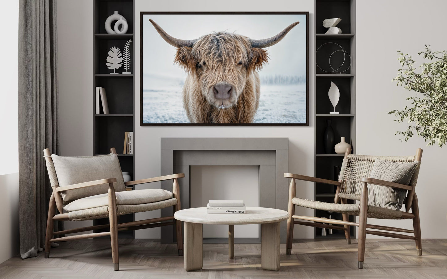 Muted Colors Highland Cow Framed Canvas Wall Art