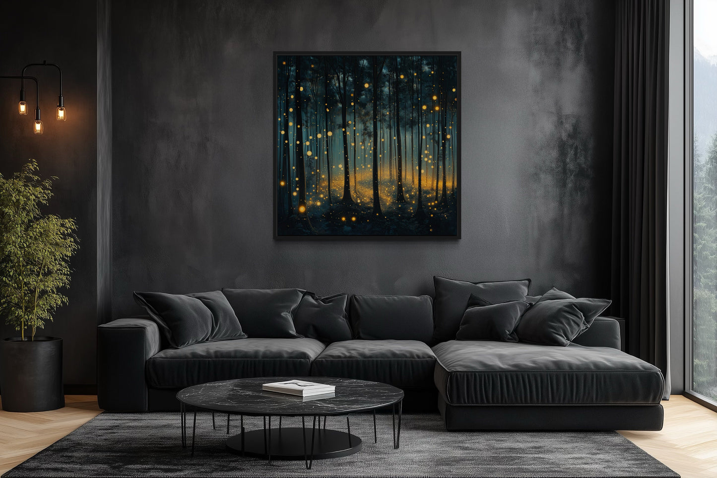 Mystical Forest With Fireflies And Golden Lights Framed Canvas Wall Art