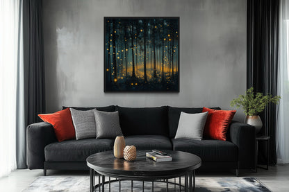 Mystical Forest With Fireflies And Golden Lights Framed Canvas Wall Art