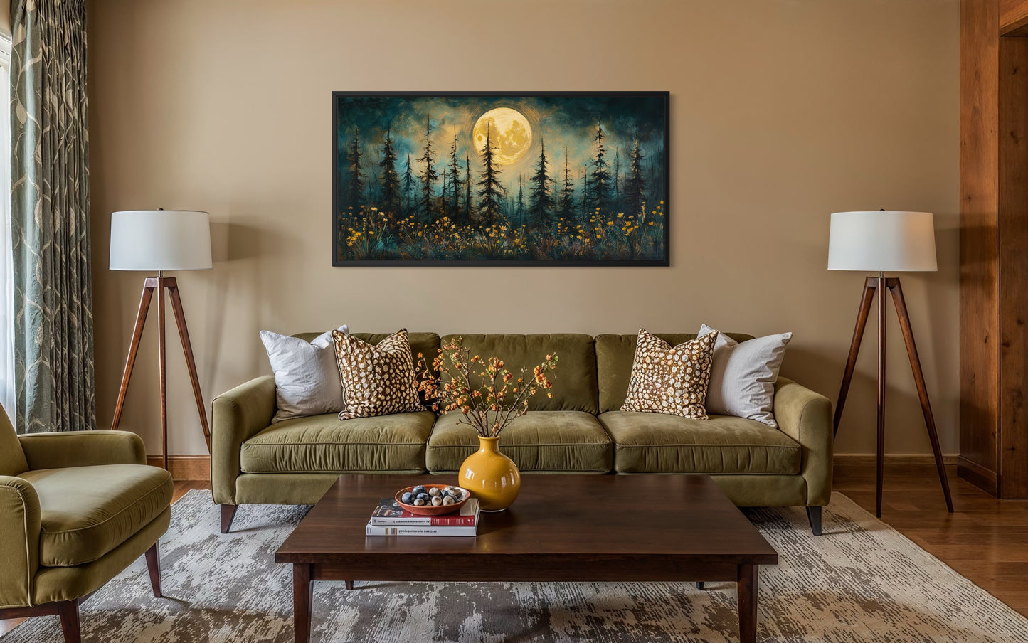 Mystical Moonlit Forest And Wildflowers Rustic Framed Canvas Wall Art