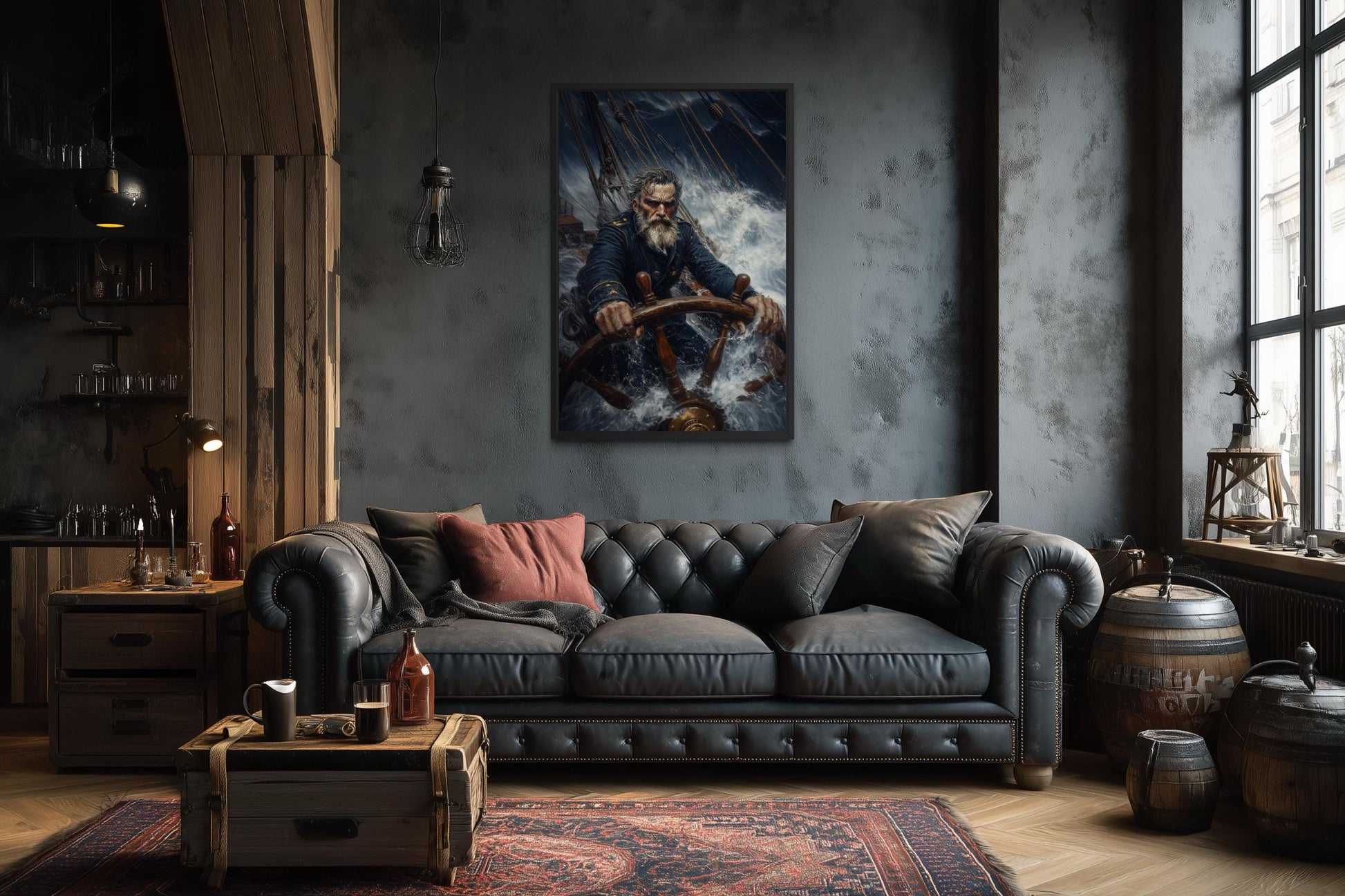 Nautical Canvas Wall Art - Captain Steering Ship Through Storm | Masculine Wall Decor For Men
