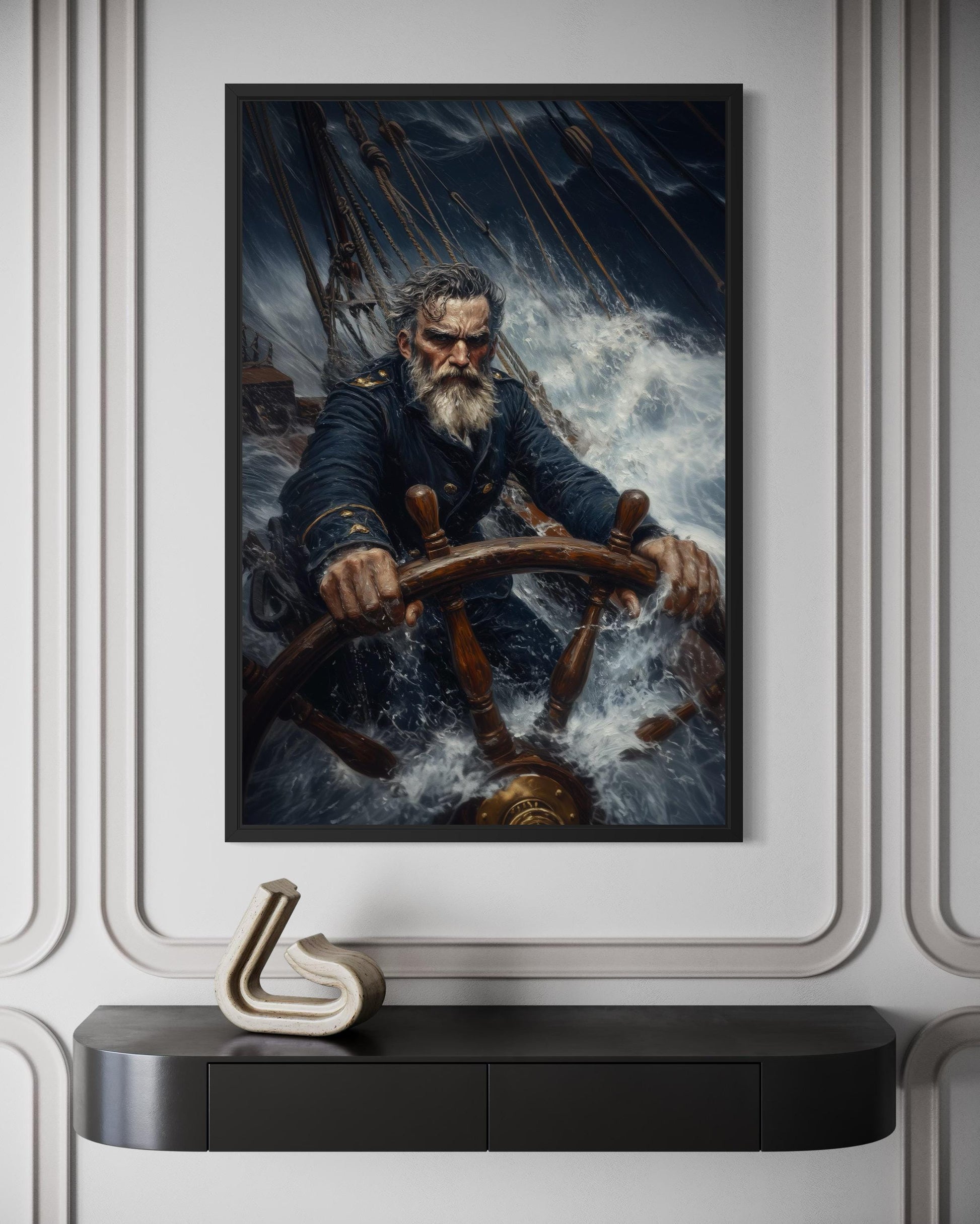 Nautical Canvas Wall Art - Captain Steering Ship Through Storm | Masculine Wall Decor For Men