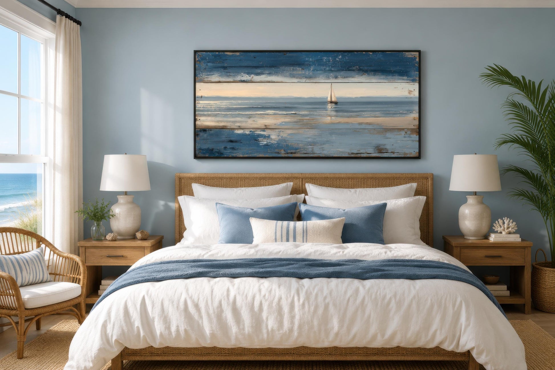 Nautical Wall Art – Lone Sailboat Canvas Print With Distressed Wood Look