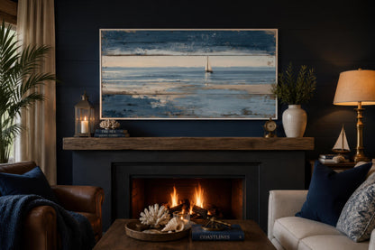 Nautical Wall Art – Lone Sailboat Canvas Print With Distressed Wood Look