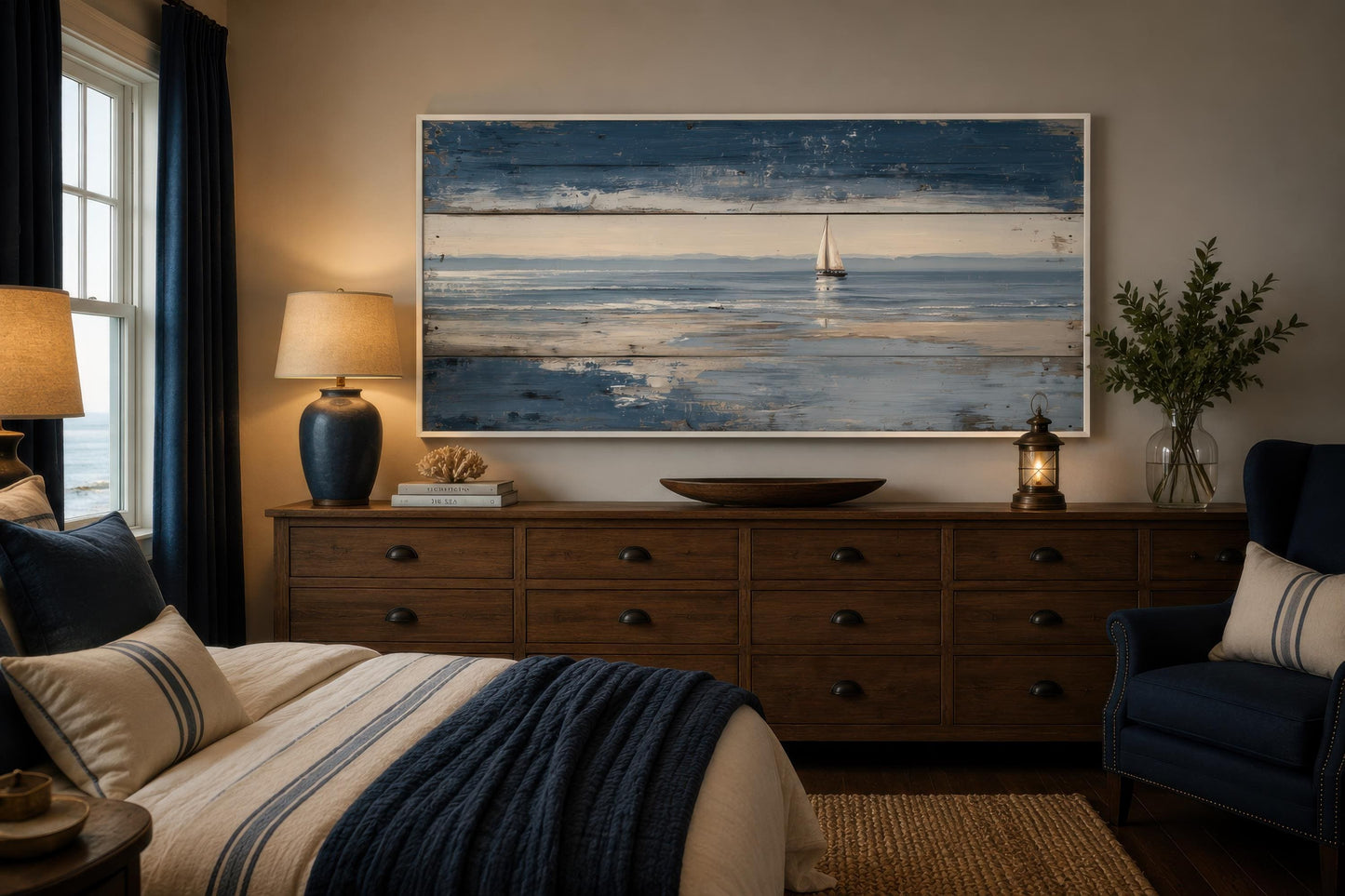 Nautical Wall Art – Lone Sailboat Canvas Print With Distressed Wood Look