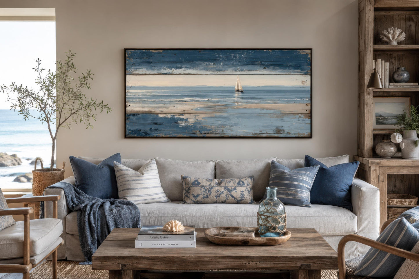 Nautical Wall Art – Lone Sailboat Canvas Print With Distressed Wood Look