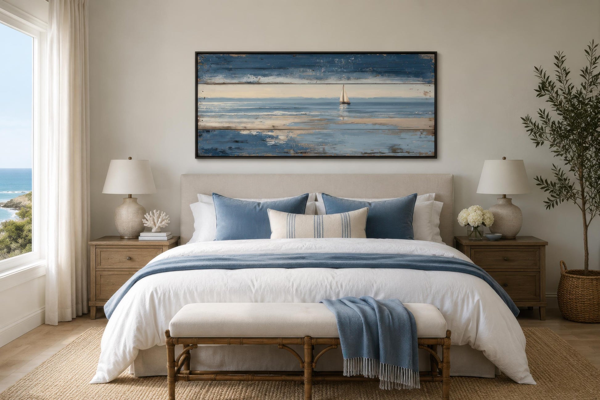 Nautical Wall Art – Lone Sailboat Canvas Print With Distressed Wood Look