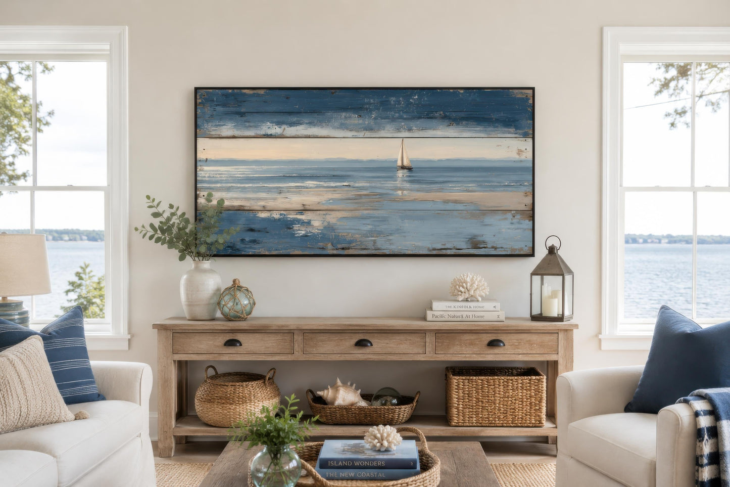 Nautical Wall Art – Lone Sailboat Canvas Print With Distressed Wood Look
