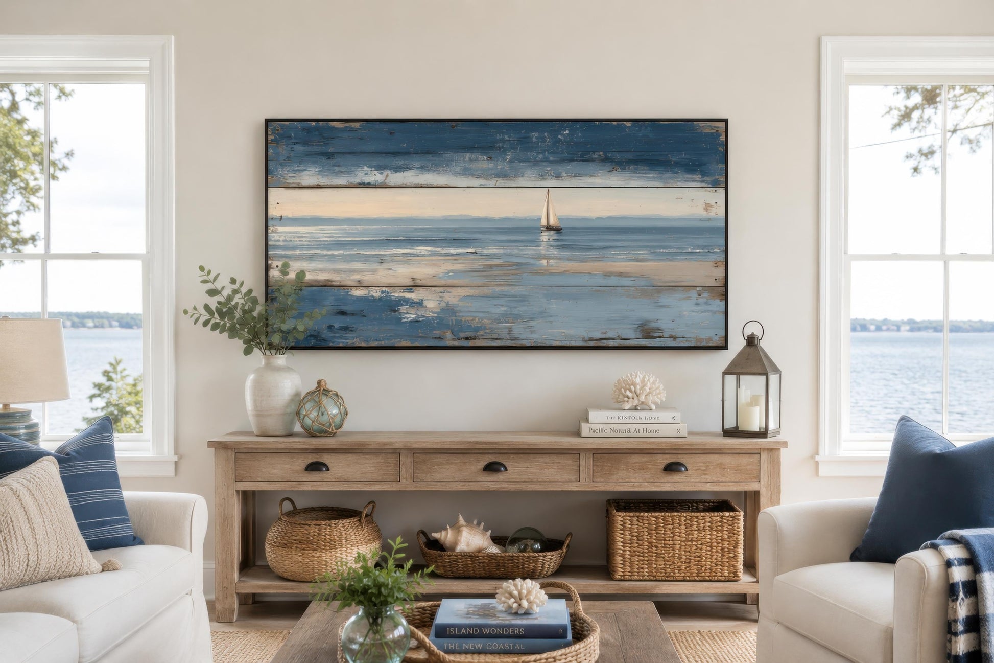 Nautical Wall Art – Lone Sailboat Canvas Print With Distressed Wood Look