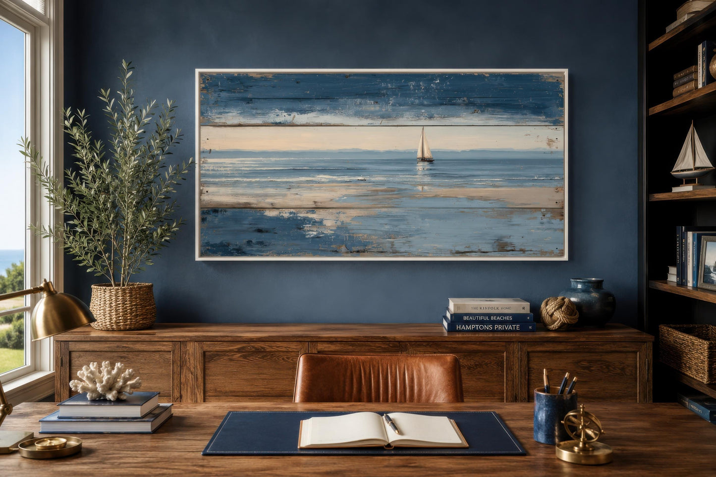 Nautical Wall Art – Lone Sailboat Canvas Print With Distressed Wood Look