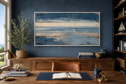 Nautical Wall Art – Lone Sailboat Canvas Print With Distressed Wood Look