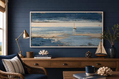 Nautical Wall Art – Lone Sailboat Canvas Print With Distressed Wood Look
